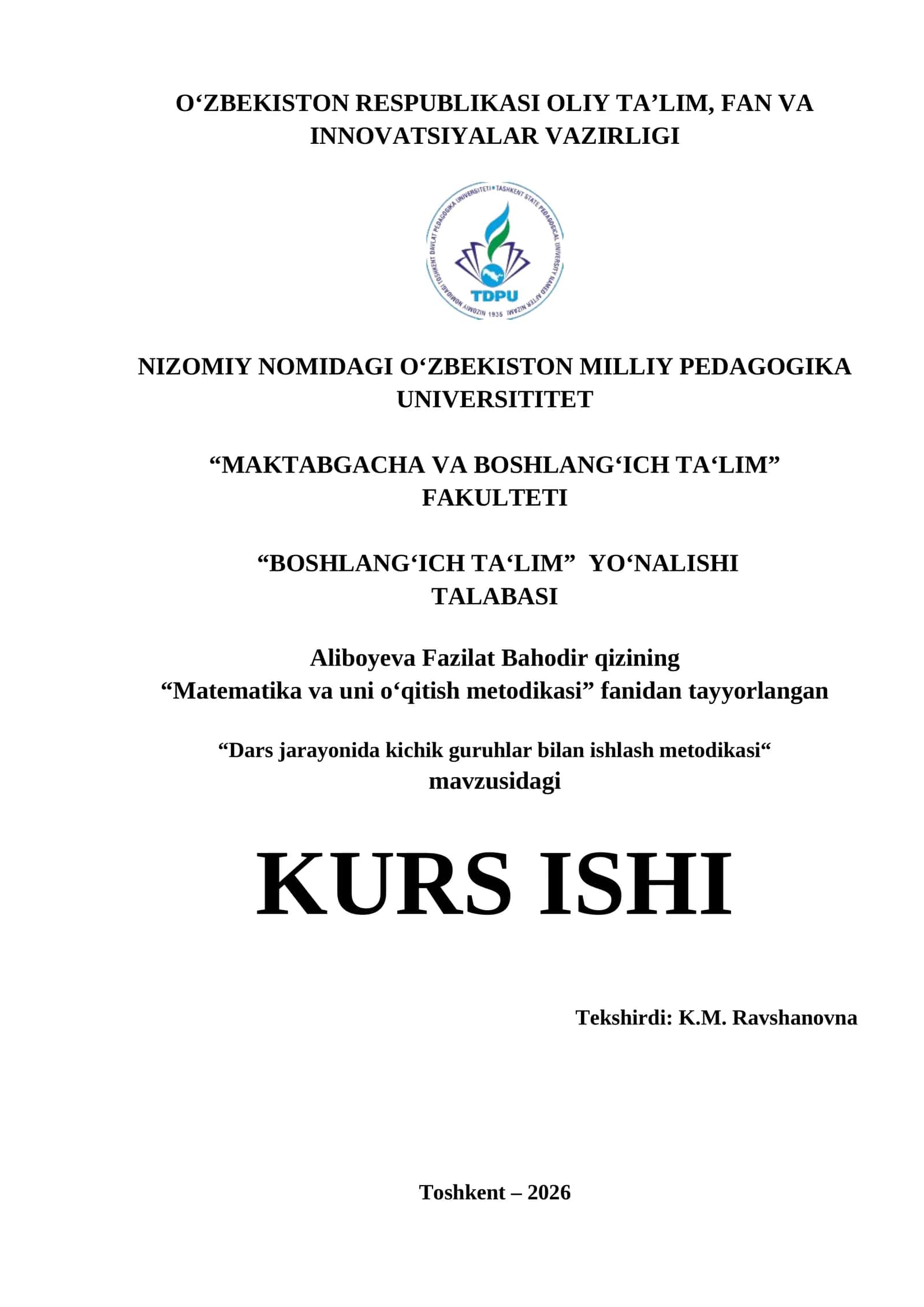 Dars jarayonida kichik guruhlar bilan ishlash metodikasi