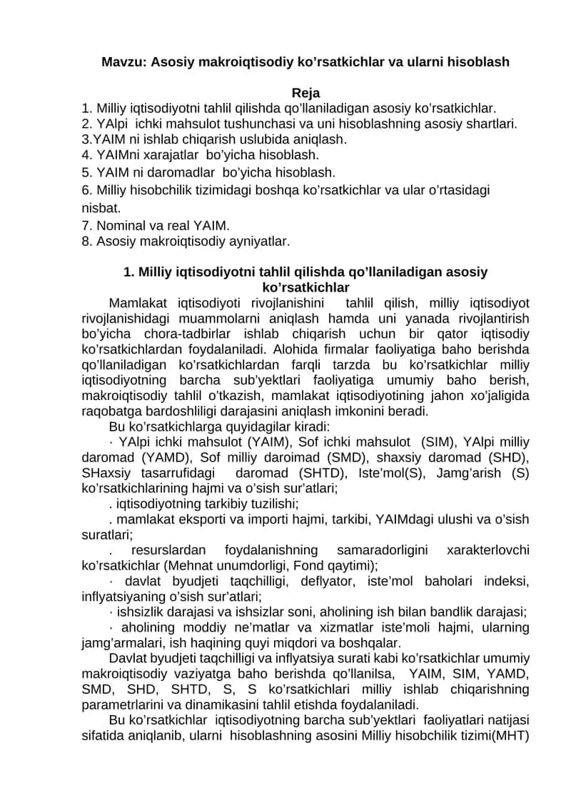 Asosiy makroiqtisodiy ko’rsatkichlar va ularni hisoblash