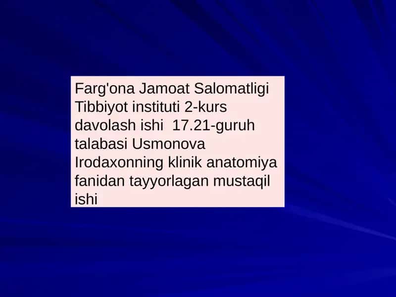 Farg'ona Jamoat Salomatligi Tibbiyotinstituti 2-kurs darsligi - Ko`krakning Klinika anatomiya fanidan tayyorlagan mustaqilishi