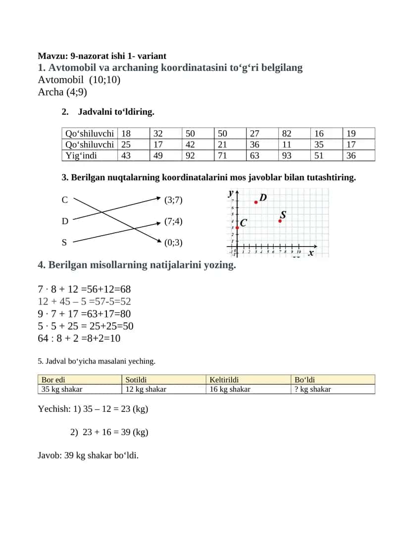 2- sinf matematika Mavzu: 9-nazorat ishi