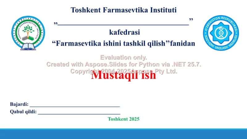 Dorixona va farmasevtika tashkilotlarida farmoyish hujjatlari. Taqdimot 15 bet.
