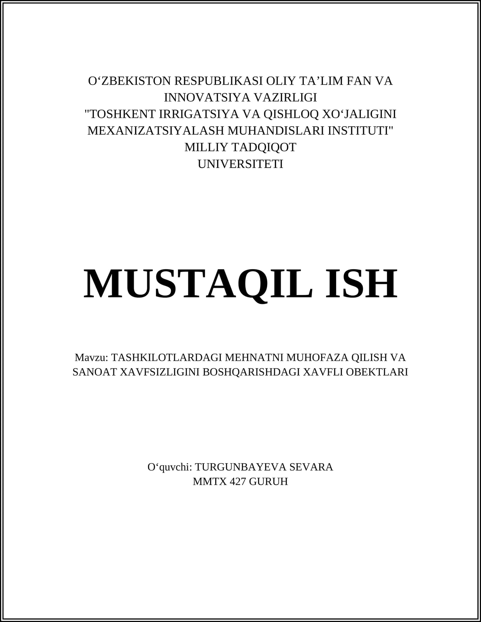 TASHKILOTLARDAGI MEHNATNI MUHOFAZA QILISH VA SANOAT XAVFSIZLIGINI BOSHQARISHDAGI XAVFLI OBEKTLARI