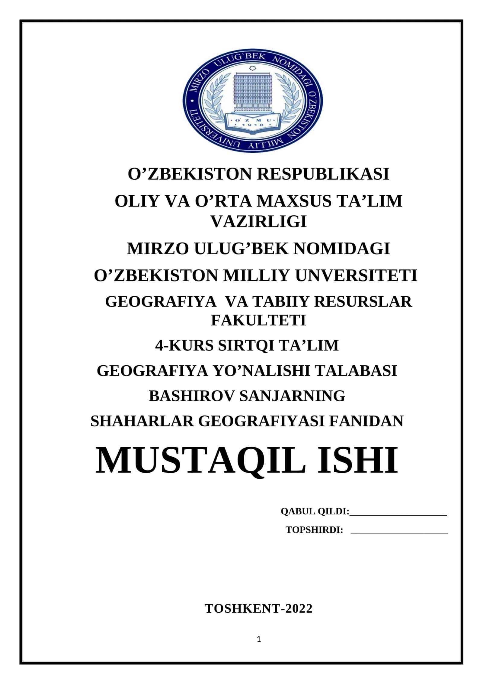 SHAHARLARNING VUJUDGA KELISHIDA GEOGRAFIK OʻRINNING ROLI