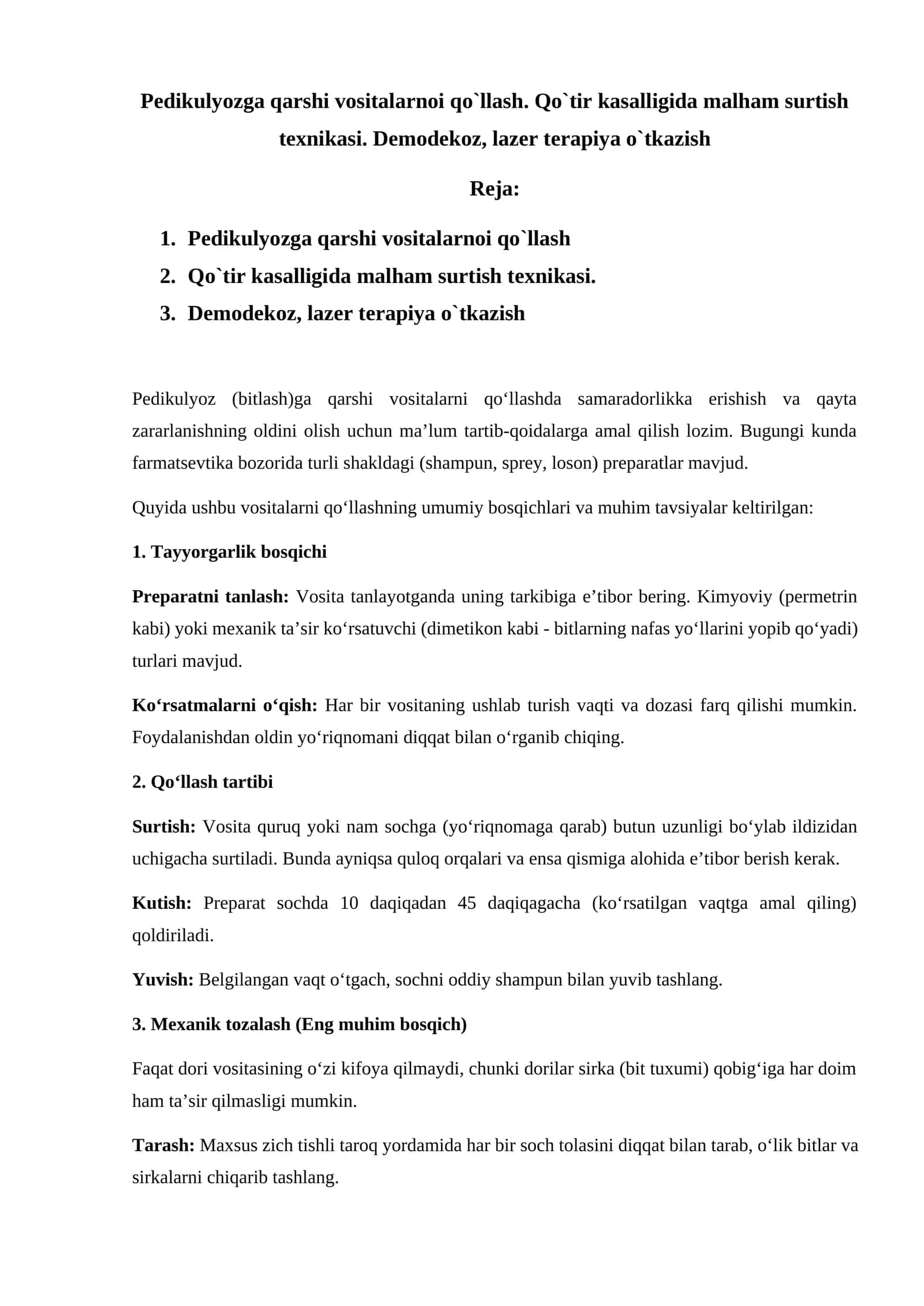Pedikulyozga qarshi vositalarnoi qo`llash