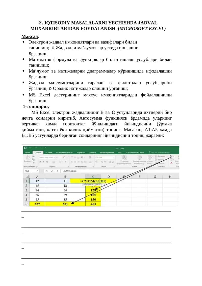 IQTISODIY MASALALARNI YECHISHDA JADVAL MUXARRIRLARIDAN FOYDALANISH (MICROSOFT EXCEL)