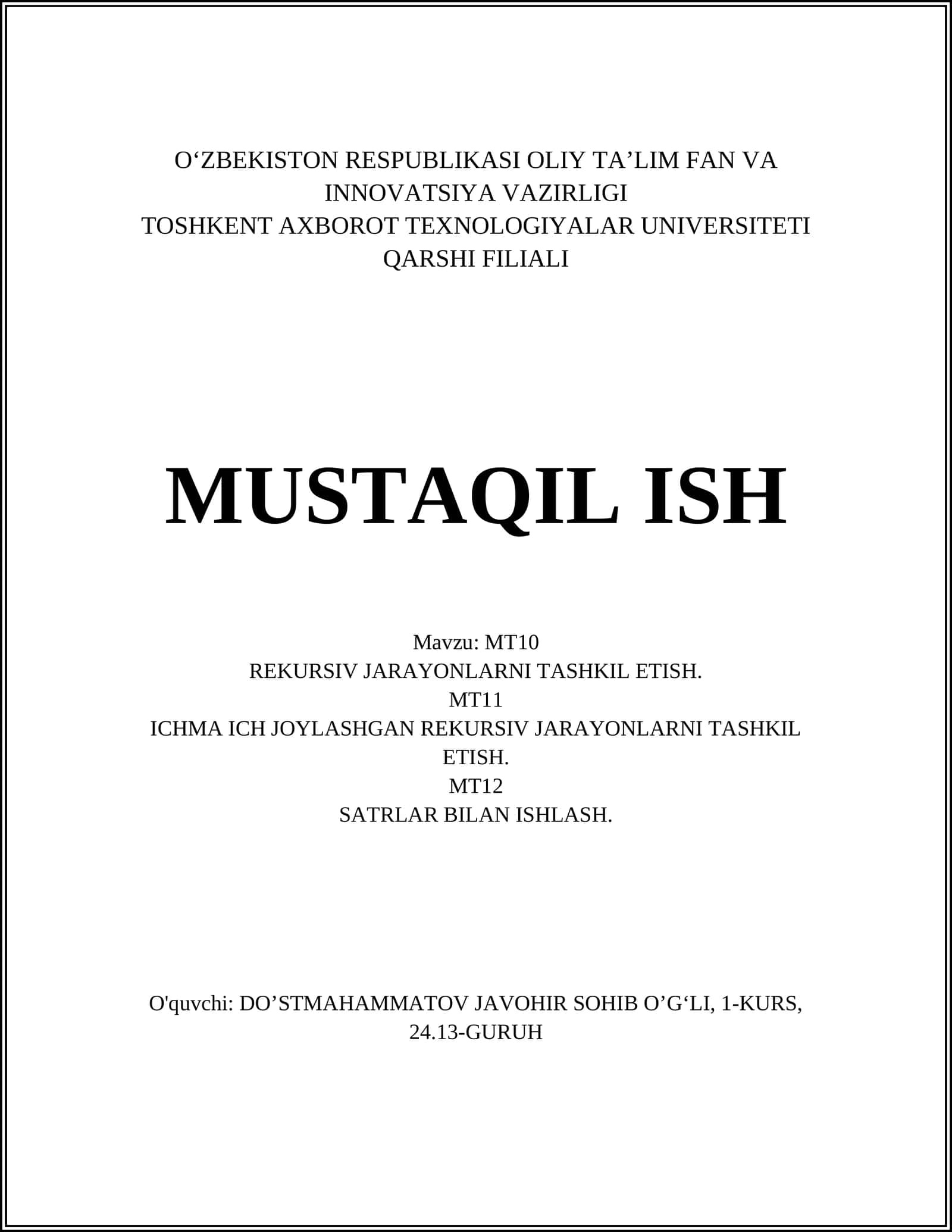 REKURSIV JARAYONLARNI TASHKIL ETISH