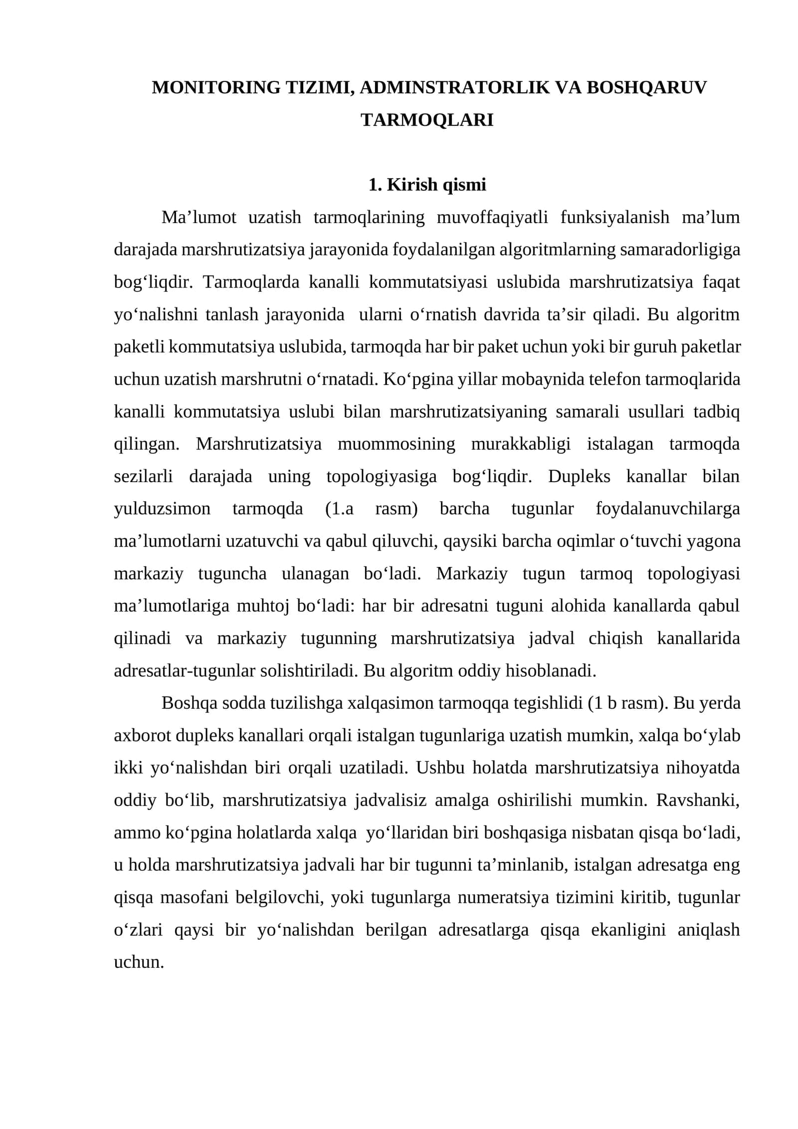 MONITORING TIZIMI, ADMINSTRATORLIK VA BOSHQARUV TARMOQLARI