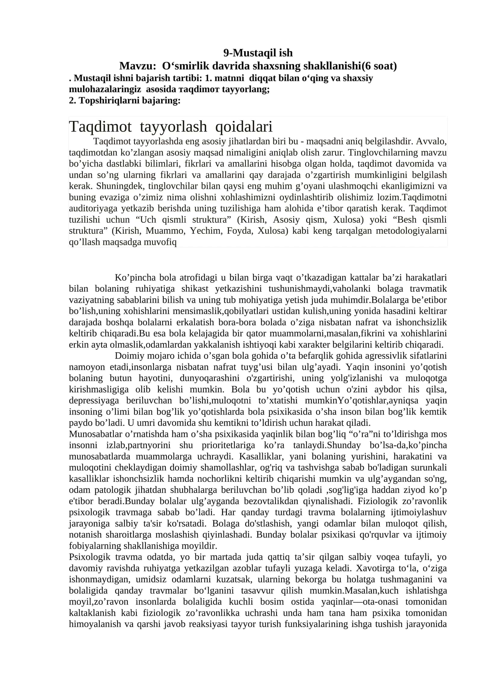 O‘smirlik davrida shaxsning shakllanishi