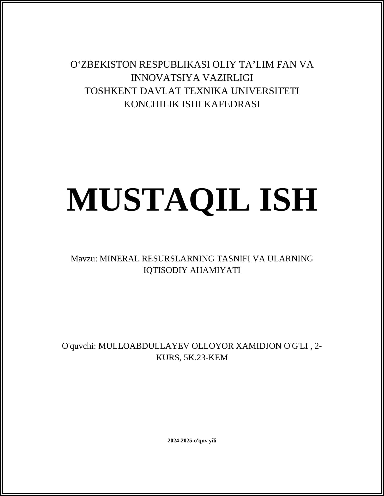 MINERAL RESURSLARNING TASNIFI VA ULARNING IQTISODIY AHAMIYATI