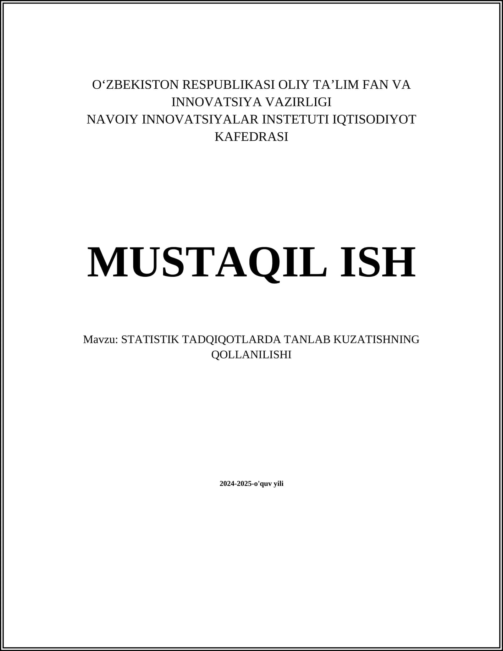 STATISTIK TADQIQOTLARDA TANLAB KUZATISHNING QOLLANILISHI