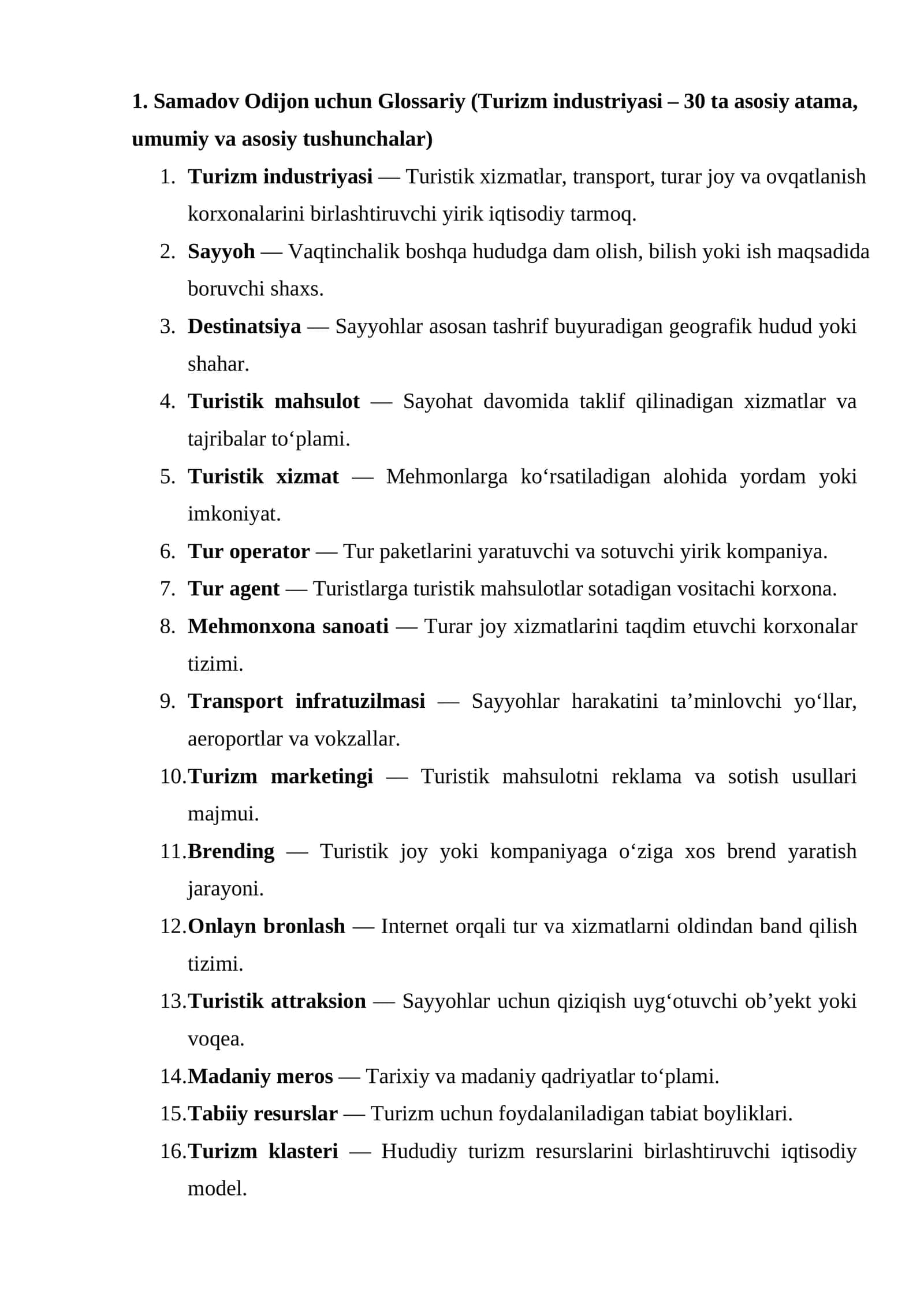 Glossariy (Turizm industriyasi – 30 ta asosiy atama, umumiy va asosiy tushunchalar)