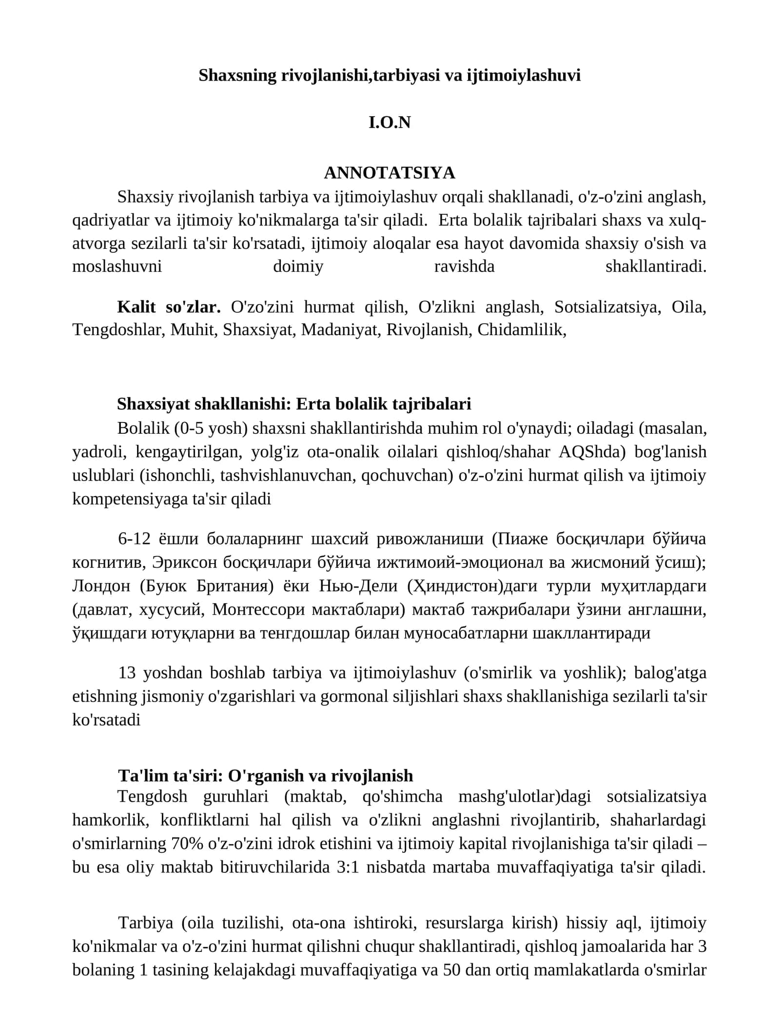 Shaxsiy rivojlanish tarbiyasi