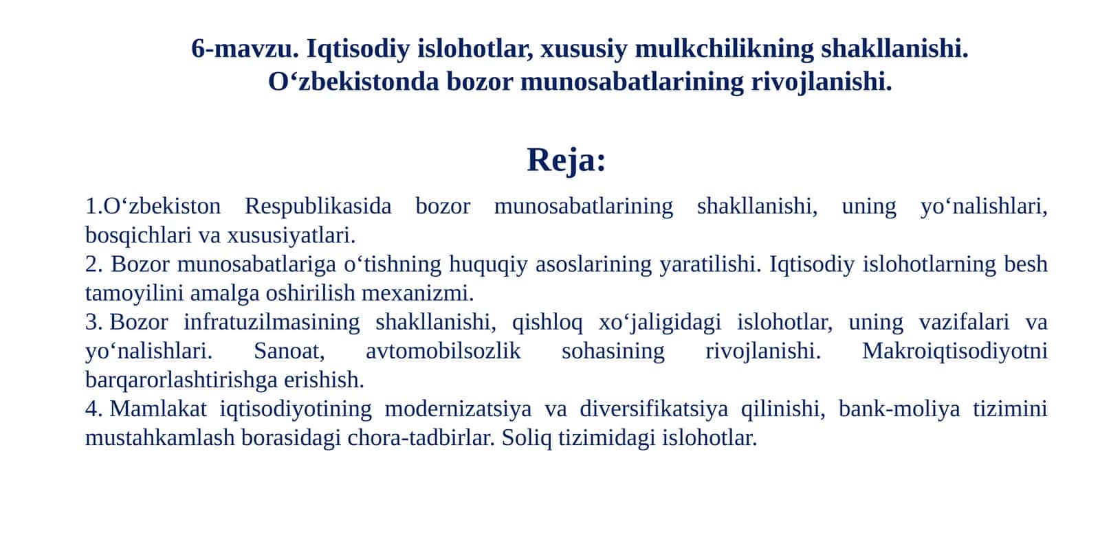 Iqtisodiy islohotlar, xususiy mulkchilikning shakllanishi