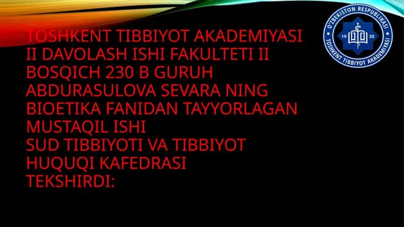 Albert Shveytsner bioetika fanidan tayyorlagan mustaqil ish