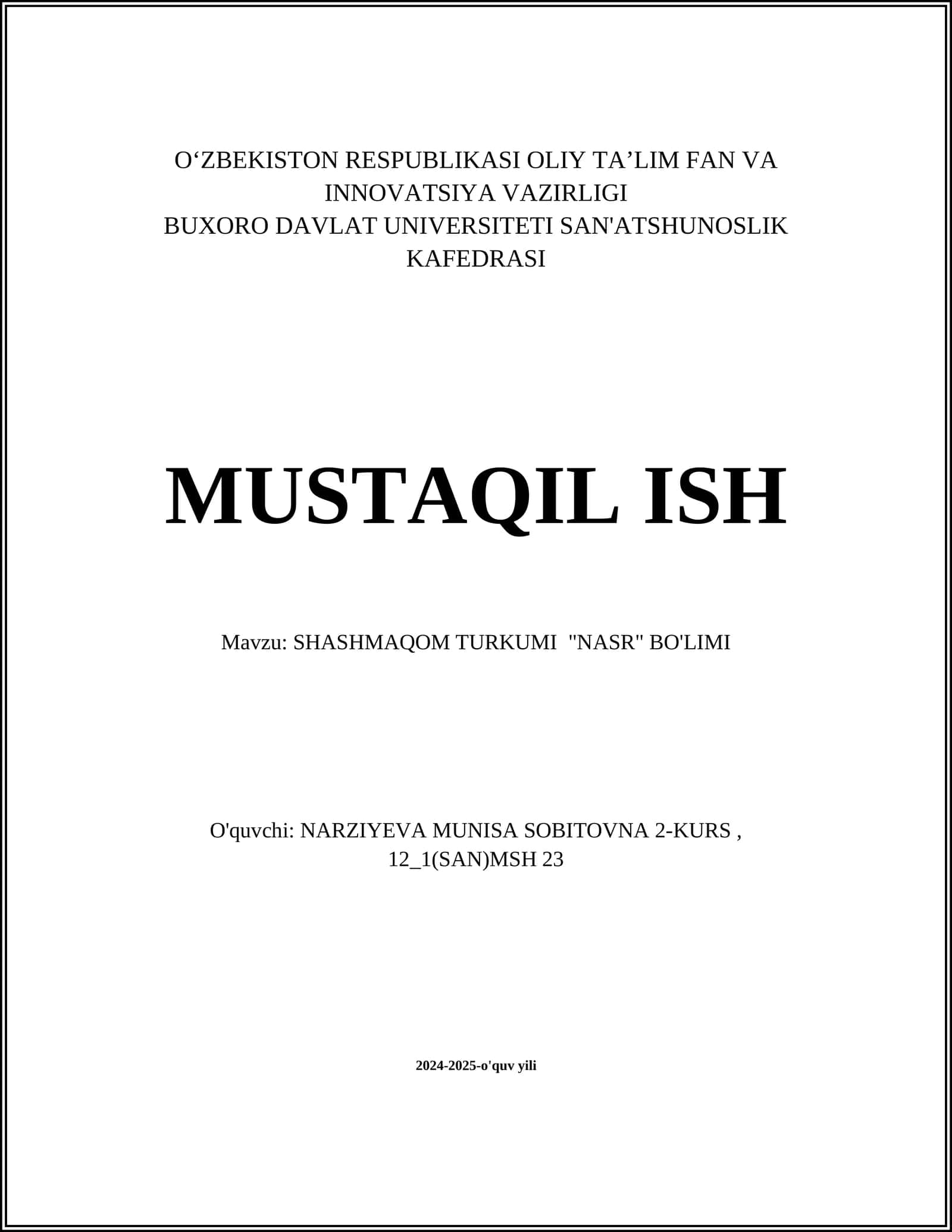 SHASHMAQOM TURKUMI "NASR" BO'LIMI