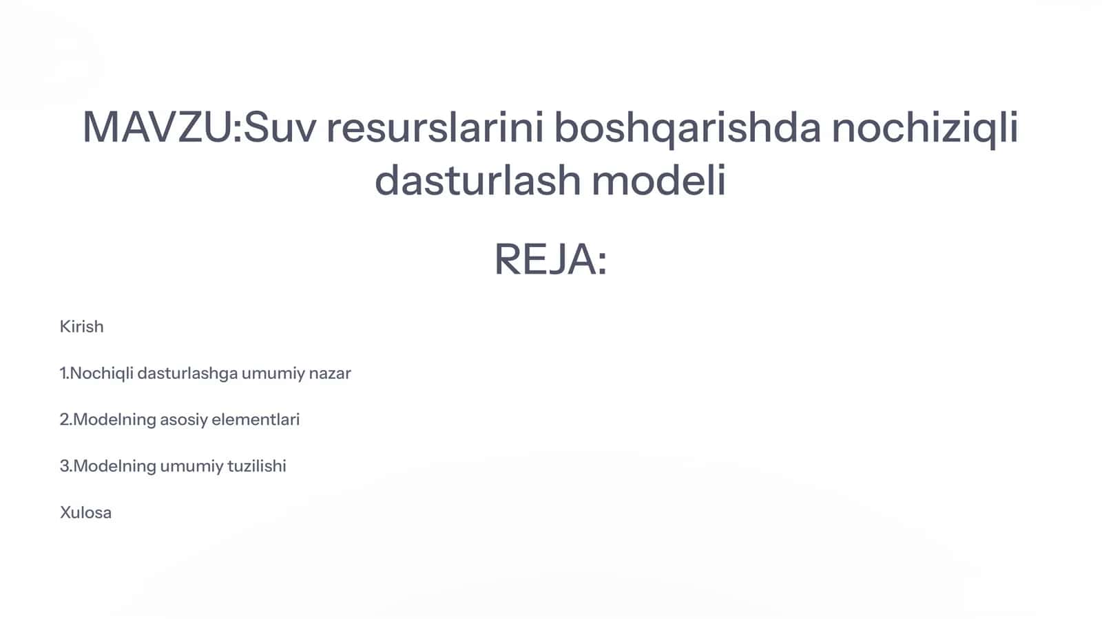 Suv resurslarini boshqarishda nochiziqli dasturlash modeli