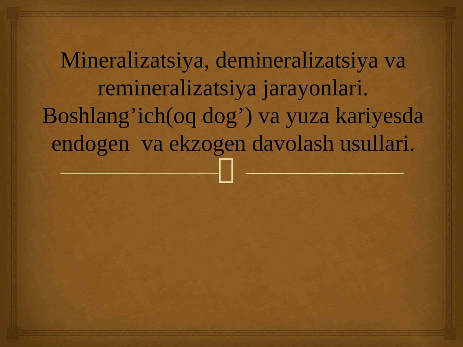 Mineralizatsiya, demineralizatsiya va remineralizatsiya jarayonlari. Boshlang’ich(oq dog’) va yuza kariyesda endogen va ekzogen davolash usullari.