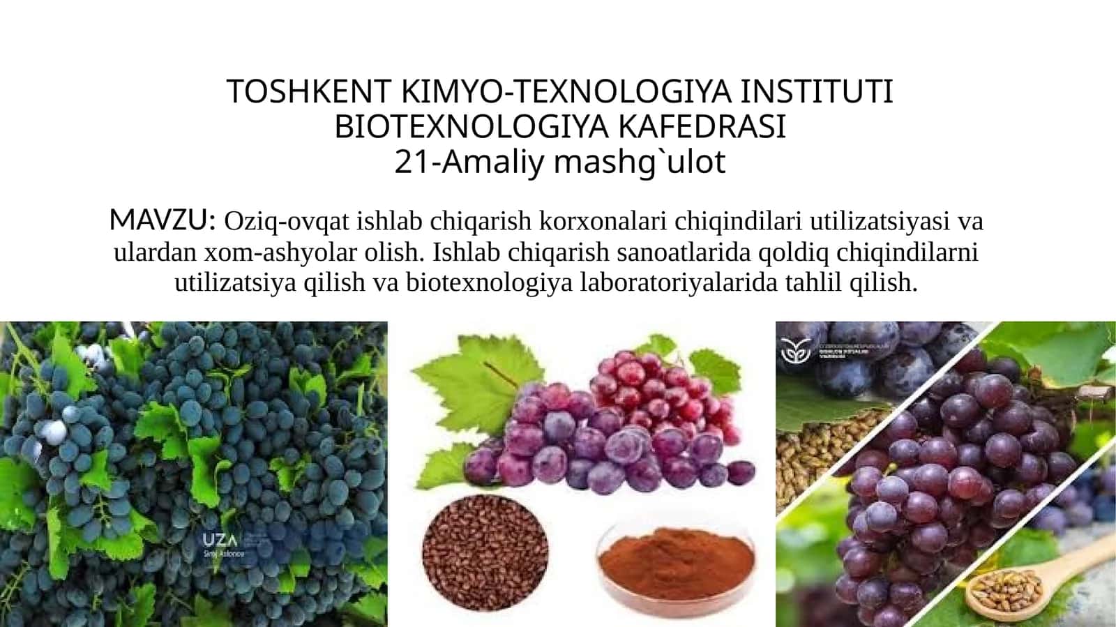 Oziq-ovqat ishlab chiqarish korxonalari chiqindilari utilizatsiyasi va ulardan xom-ashyolar olish. Ishlab chiqarish sanoatlarida qoldiq chiqindilarni utilizatsiya qilish va biotexnologiya laboratoriyalarida tahlil qilish