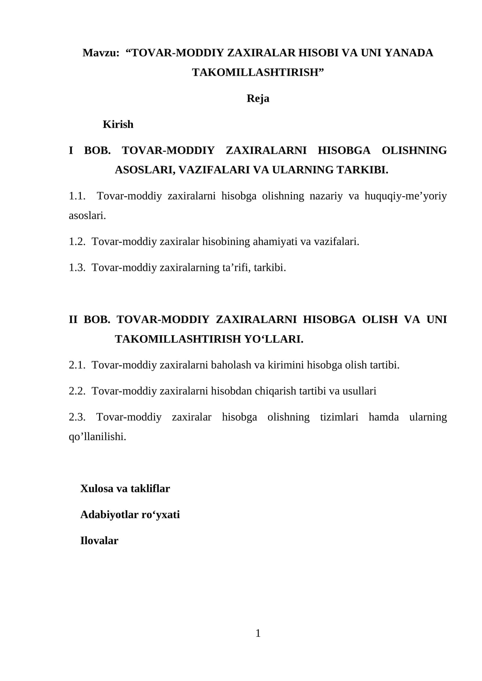 TOVAR-MODDIY ZAXIRALAR HISOBI VA UNI YANADA TAKOMILLASHTIRISH