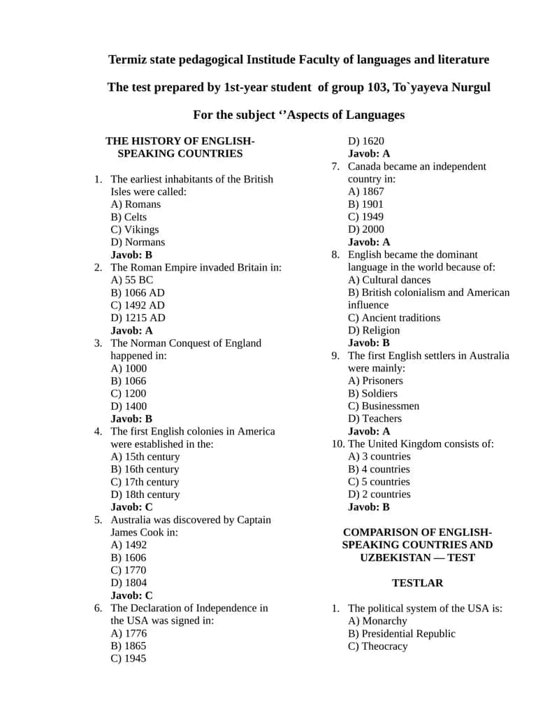 THE HISTORY OF ENGLISH-SPEAKING COUNTRIES TEST