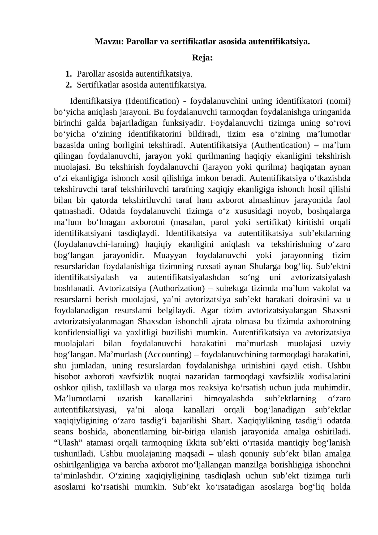 Parollar va sertifikatlar asosida autentifikatsiya