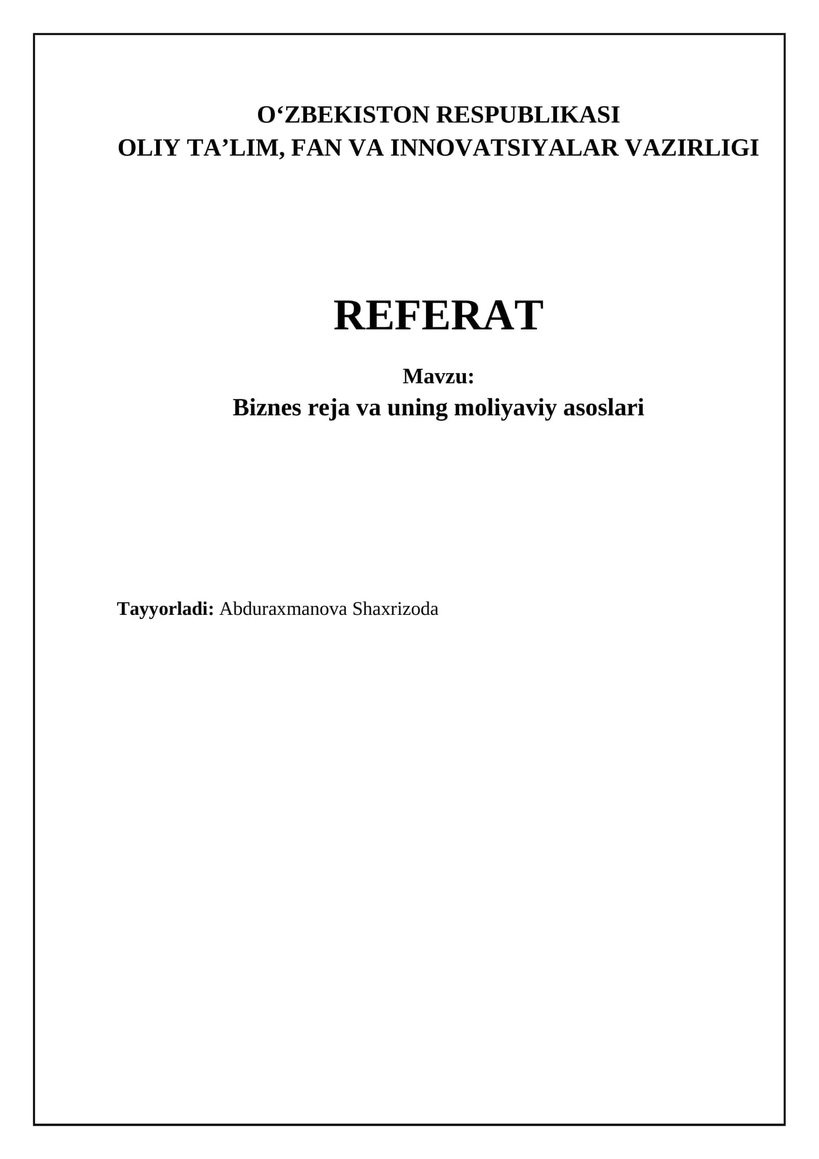 Biznes reja va uning moliyaviy asoslari