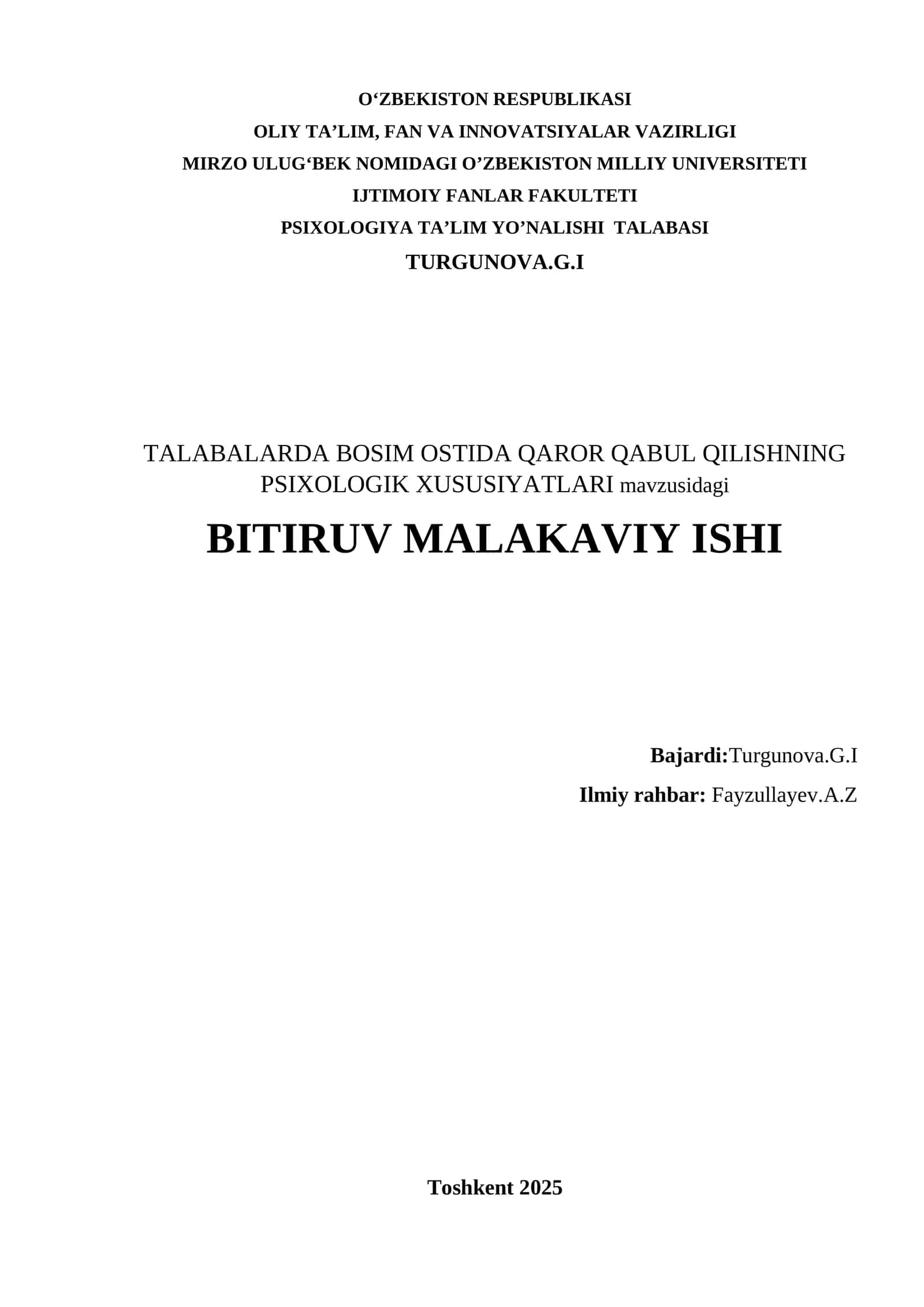 TALABALARDA BOSIM OSTIDA QAROR QABUL QILISHNING PSIXOLOGIK XUSUSIYATLARI