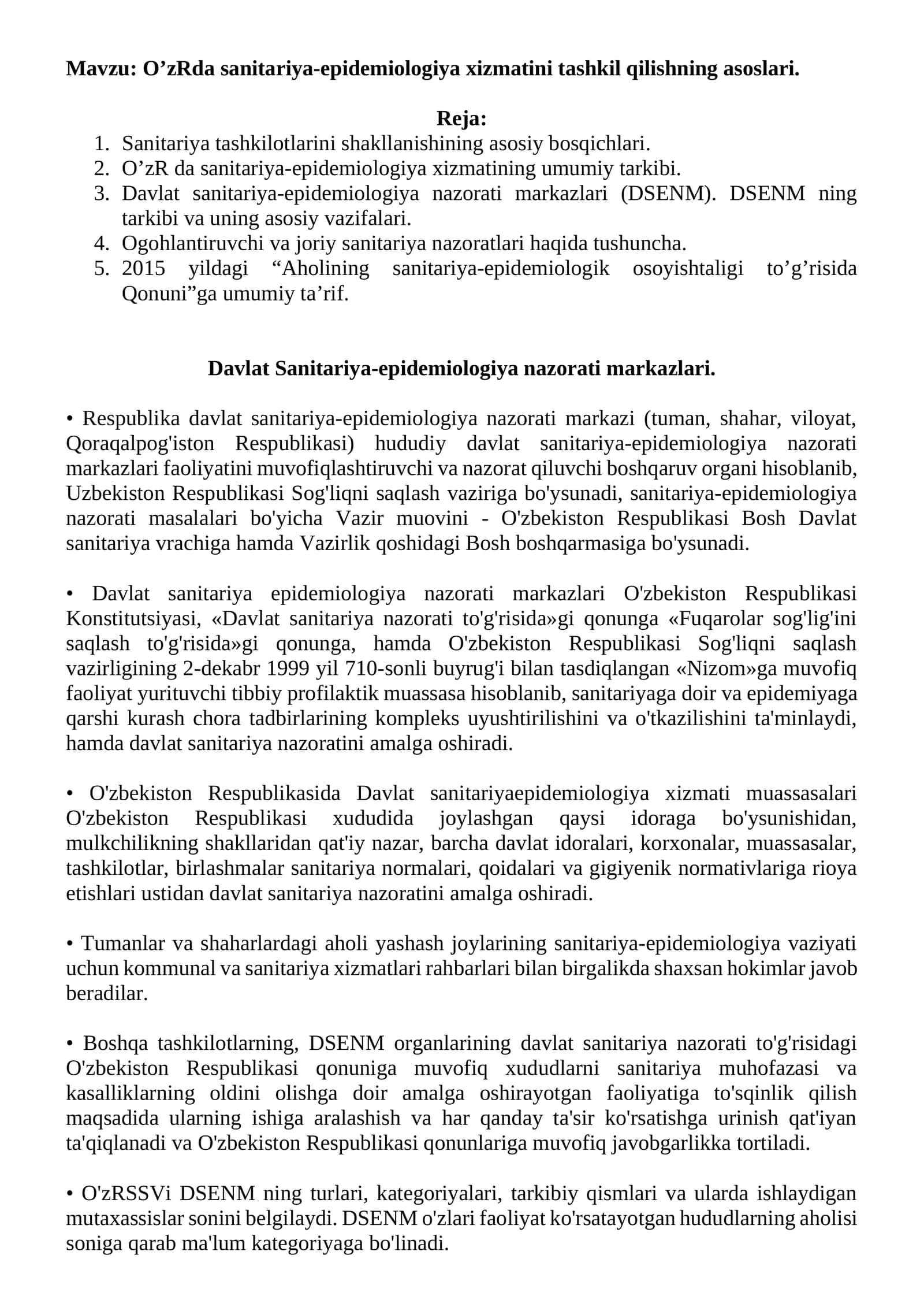 OʼzRda sanitariya-epidemiologiya xizmatini tashkil qilishning asoslari