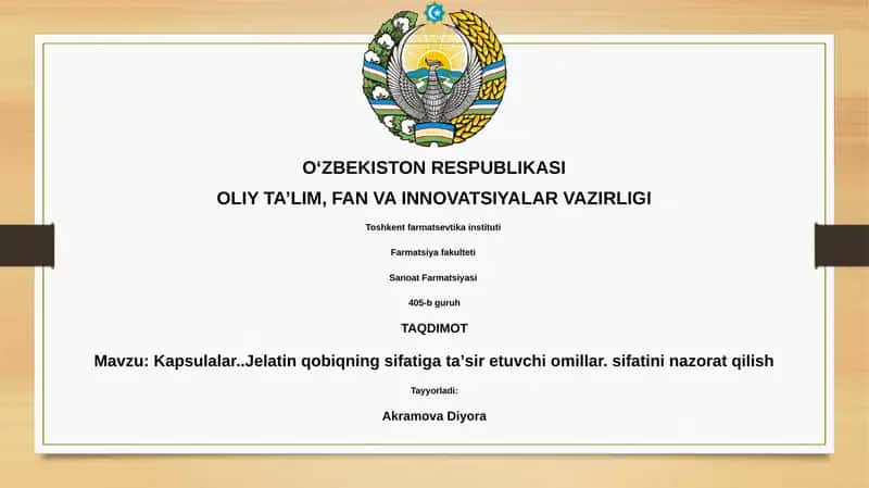 Kapsulalar..Jelatin qobiqning sifatiga taʼsir etuvchi omillar. sifatini nazorat qilish