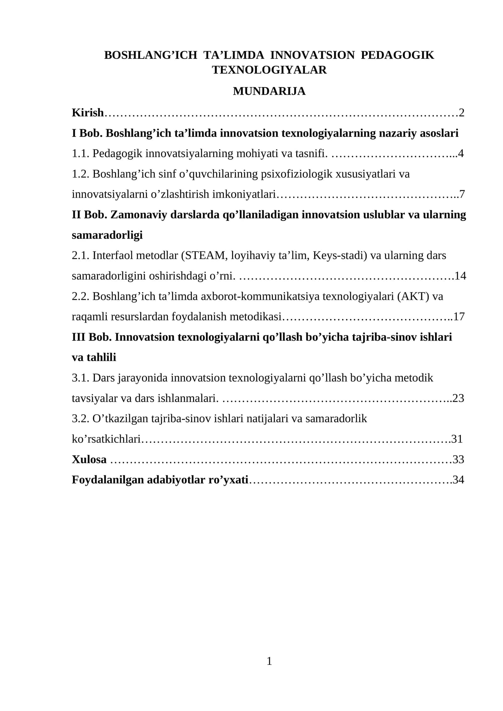 BOSHLANG’ICH TA’LIMDA INNOVATSION PEDAGOGIK TEXNOLOGIYALAR