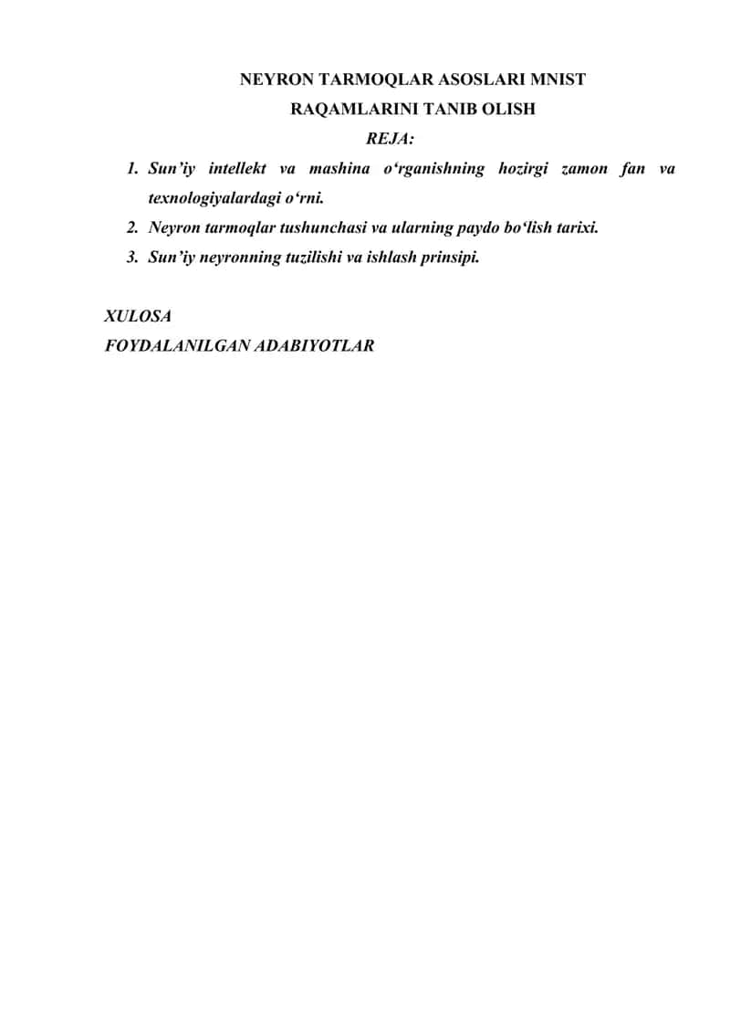 NEYRON TARMOQLAR ASOSLARI MNIST RAQAMLARINI TANIB OLISH
