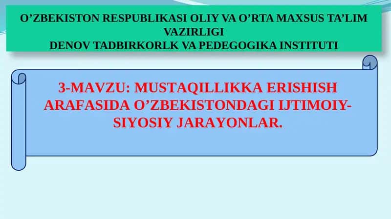 O'ZBEKISTON RESPUBLIKASI OLIY VA O’RTA MAXSUS TA’LIM VAZIRLIGIDENOV TADBIRKORLK VA PEDEGOGIKA INSTITUTI