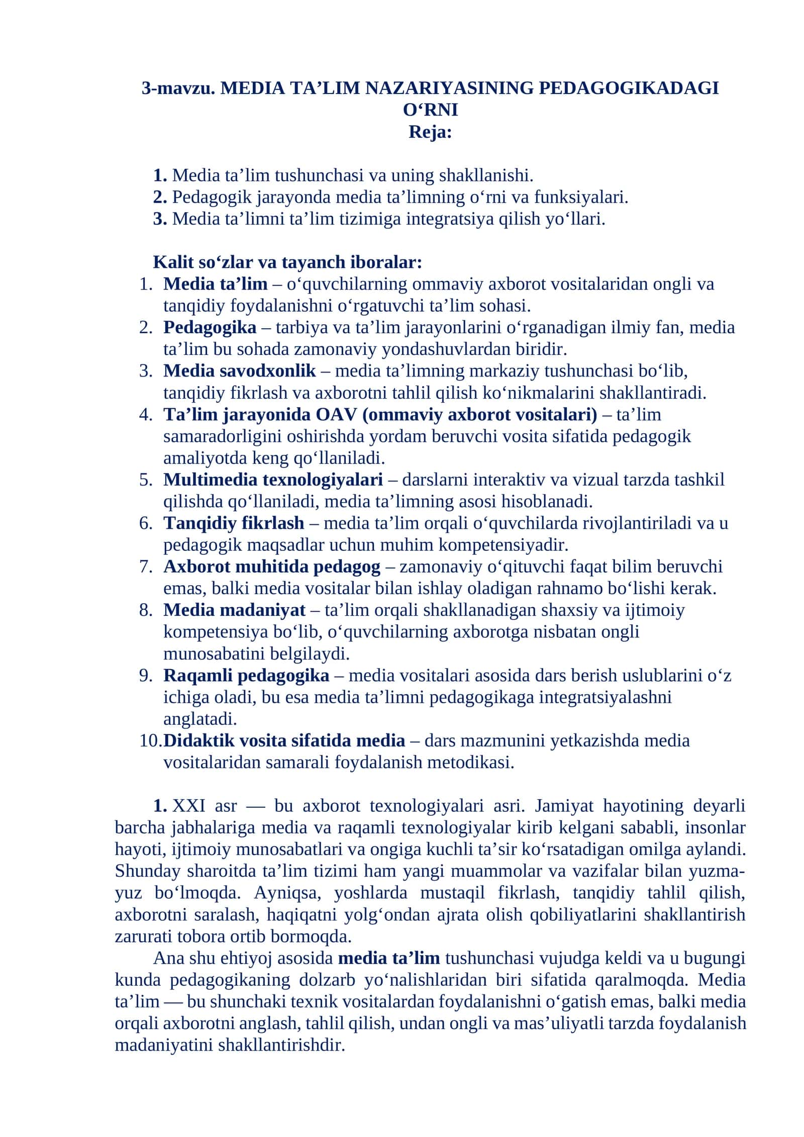 MEDIA TA’LIM NAZARIYASINING PEDAGOGIKADAGI O‘RNI