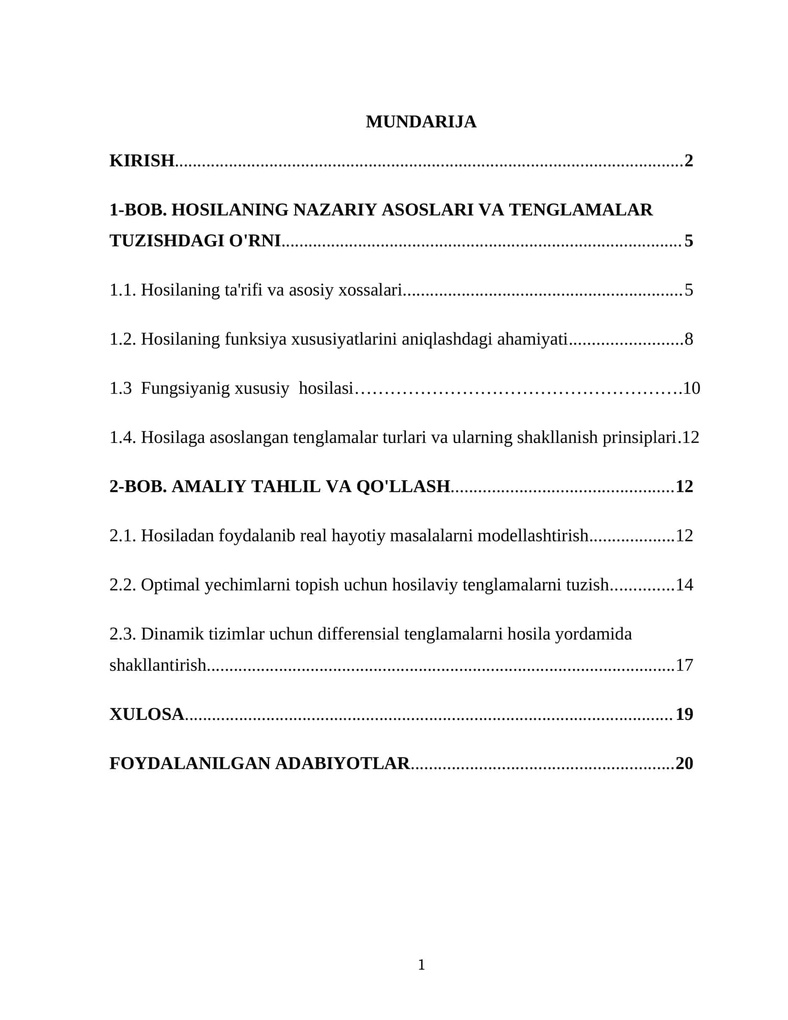 Kurs ishining dolzarbligi: Matematik tahlilning fundamental tushunchalaridan biri boʻlgan hosila, fan va texnikaning koʻplab sohalarida oʻzgarish tezligini, optimallashtirish masalalarini va dinamik tizimlarni modellashtirishda hal qiluvchi ahamiyatga ega. U fizik hodisalarni (tezlik, tezlanish), iqtisodiy jarayonlarni (marginal xarajatlar, daromadlar), muhandislik loyihalarini (konstruksiyalarning mustahkam