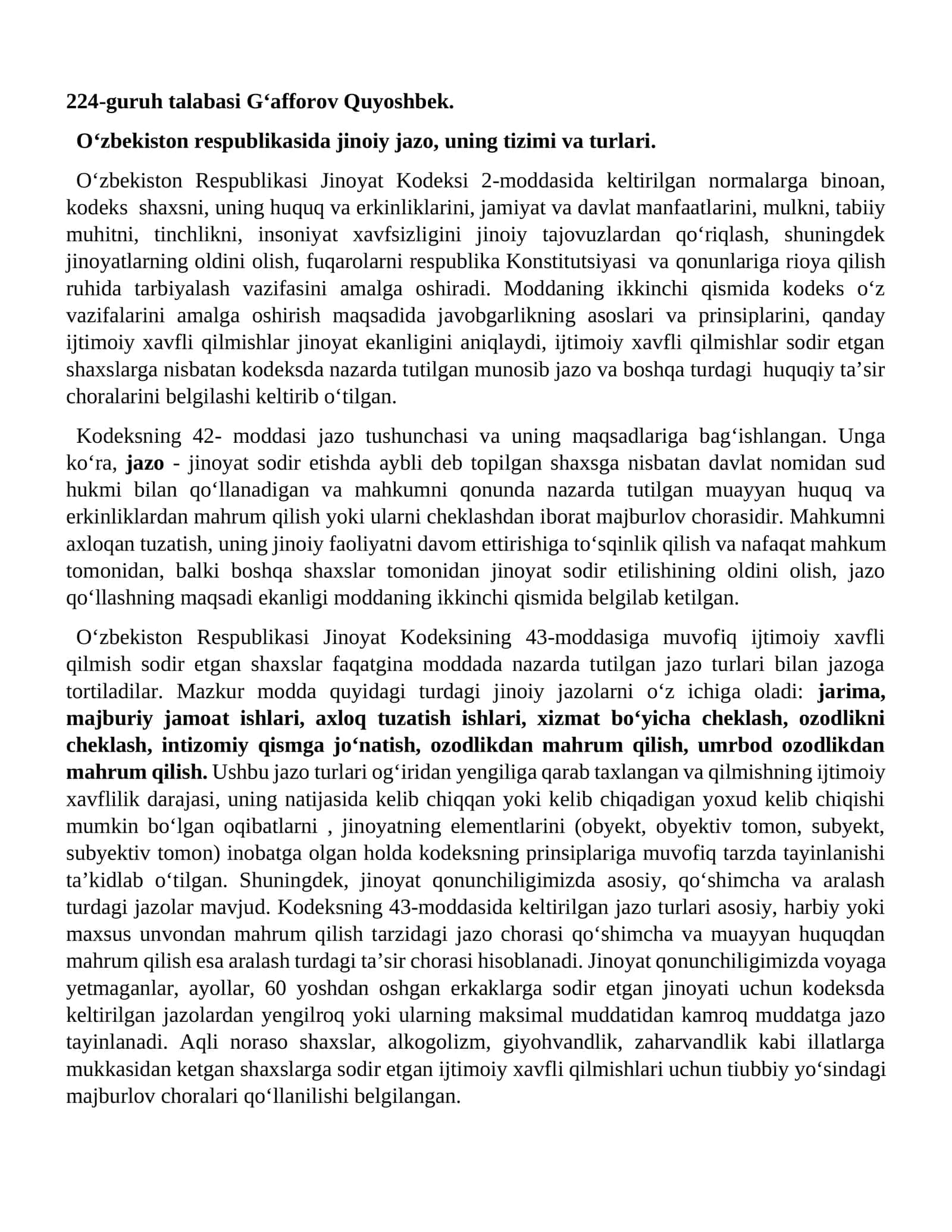 O‘zbekiston respublikasida jinoiy jazo, uning tizimi va turlari