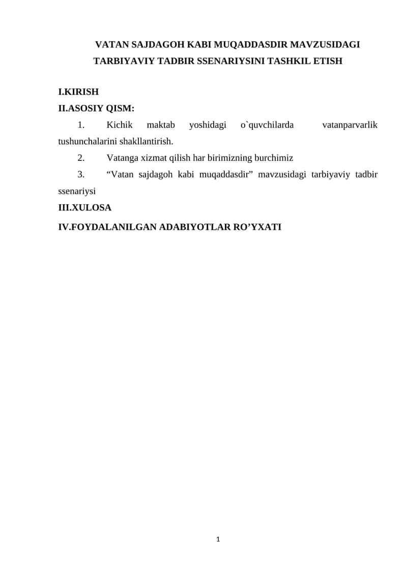 Vatan sajdagoh kabi muqaddasdir mavzusidagi tarbiyaviy tadbir ssenariysi