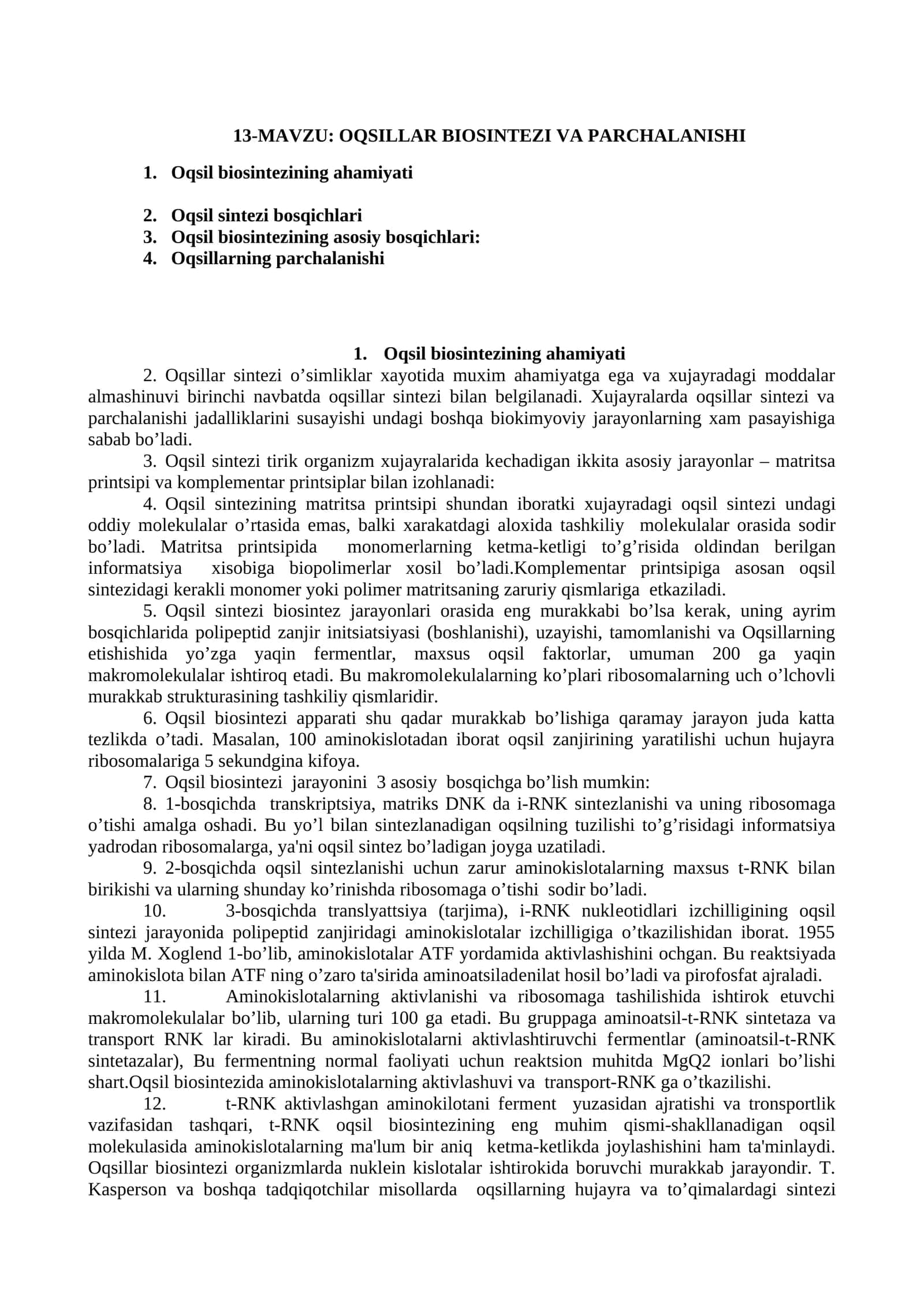 Oqsillar Biosintezi va Parchalanishi