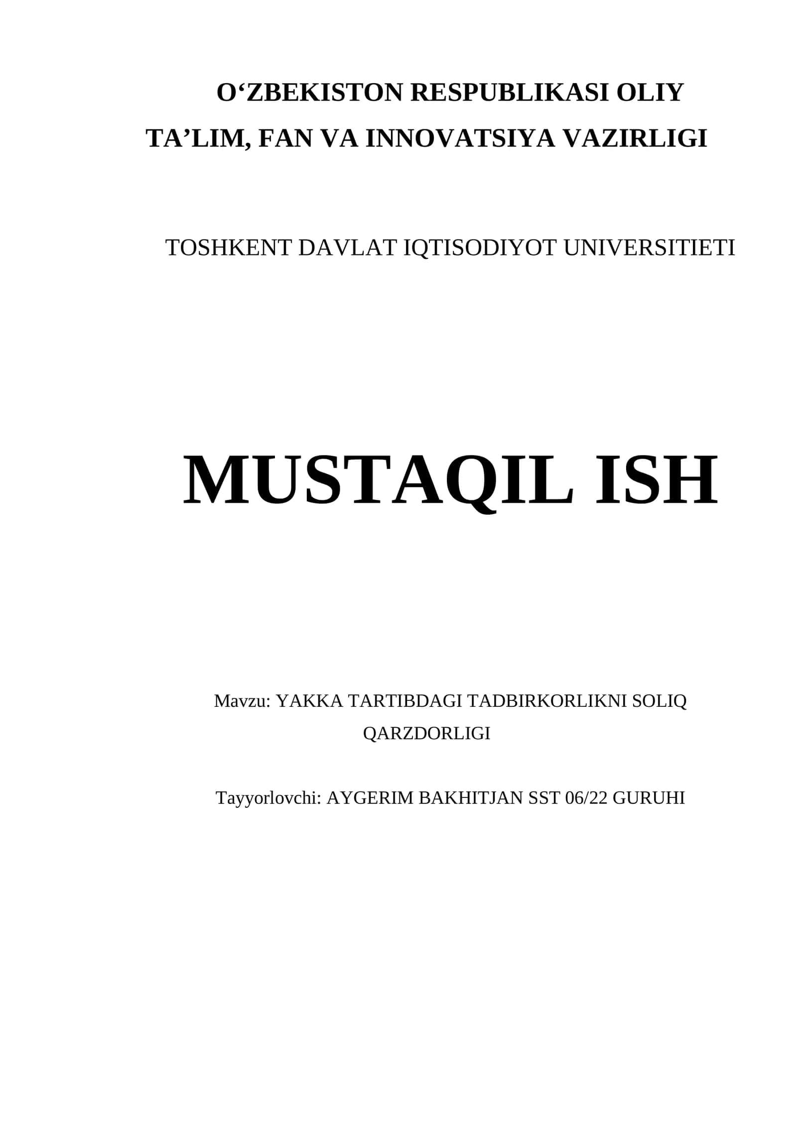 YAKKA TARTIBDAGI TADBIRKORLIKNI SOLIQ QARZDORLIGI