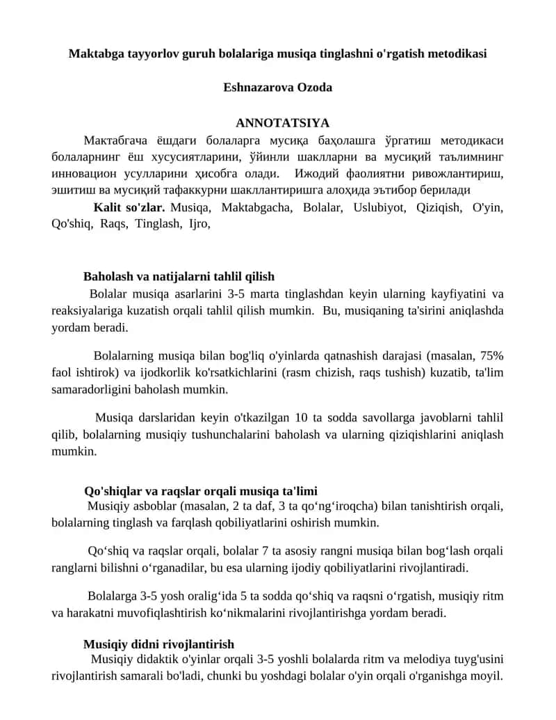 Maktabga tayyorlov guruh bolalariga musiqa tinglashni o'rgatish metodikasi