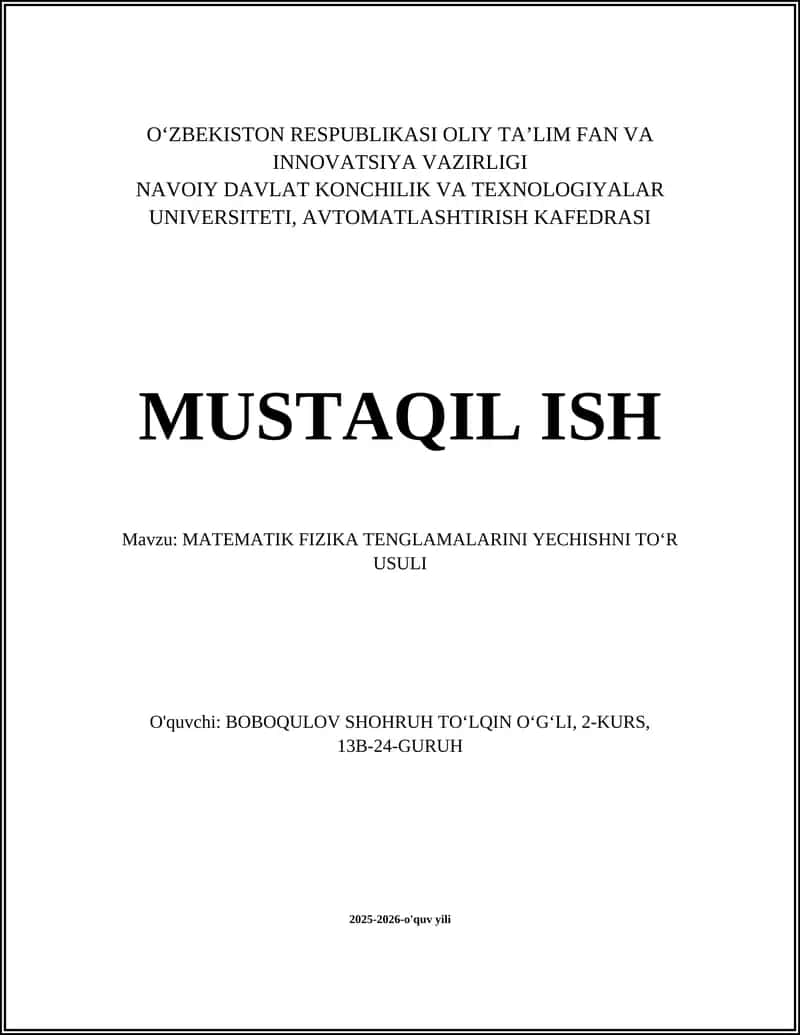 Matematik Fizika Tenglamalarini Yechishni Toʻr Usuli