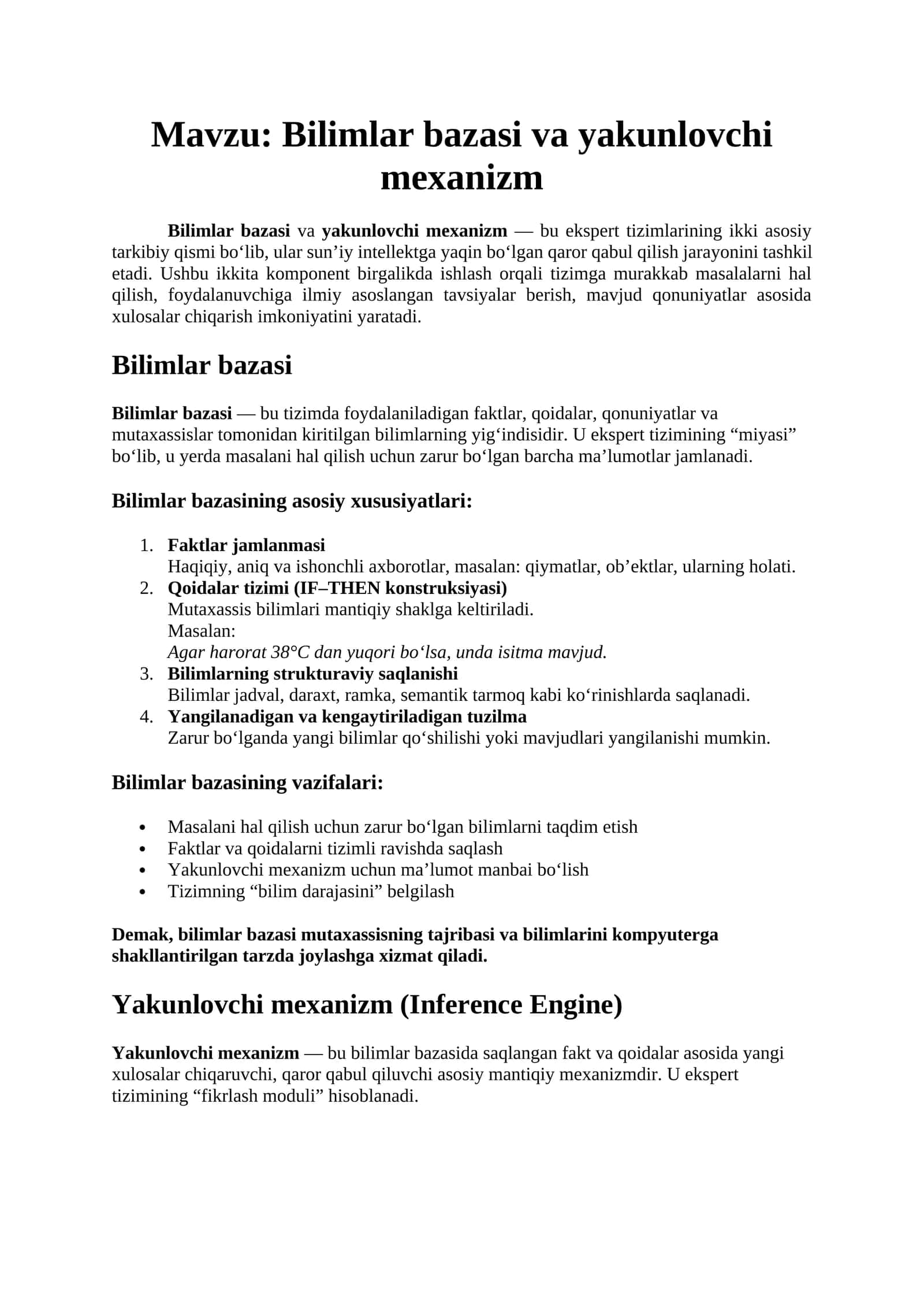 Bilimlar bazasi va yakunlovchi mexanizm