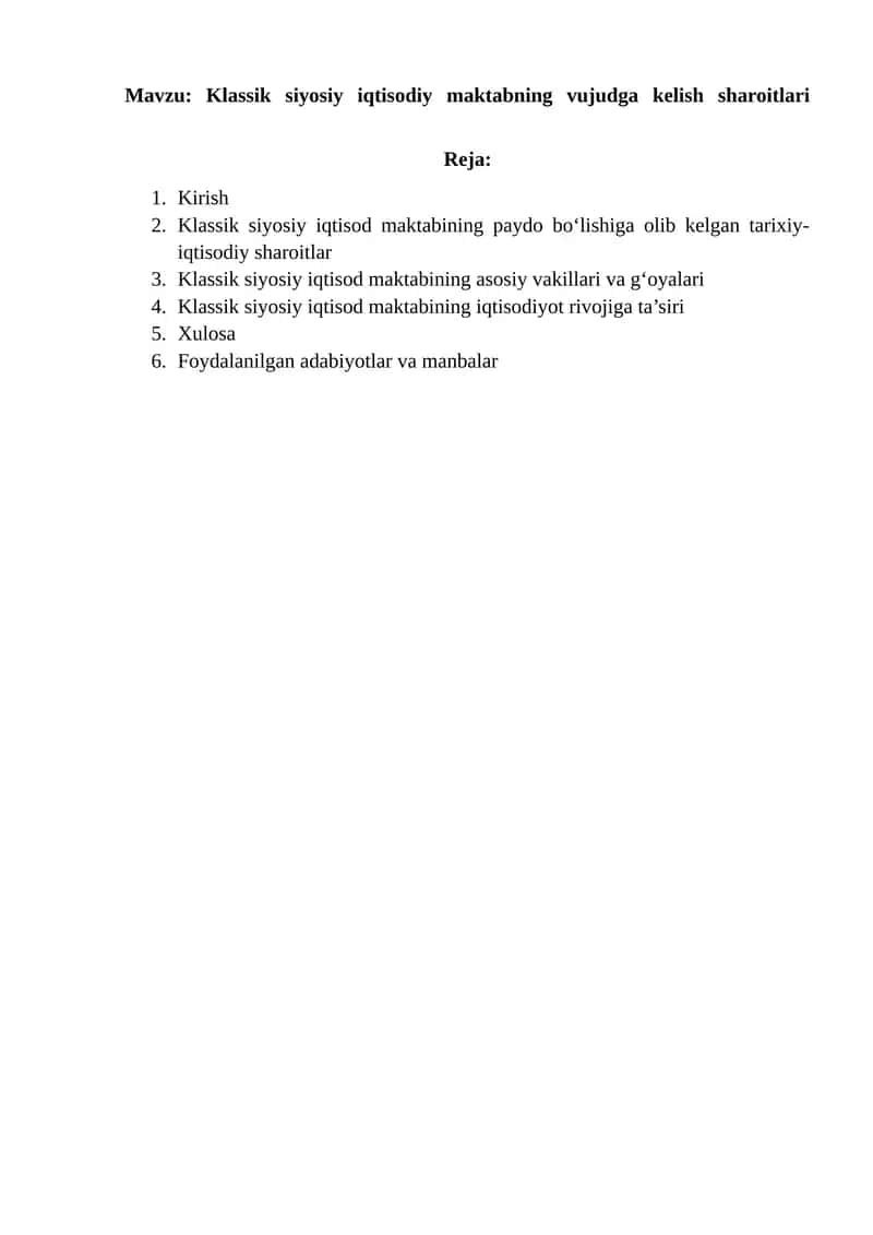 Klassik siyosiy iqtisodiy maktabning vujudga kelish sharoitlari