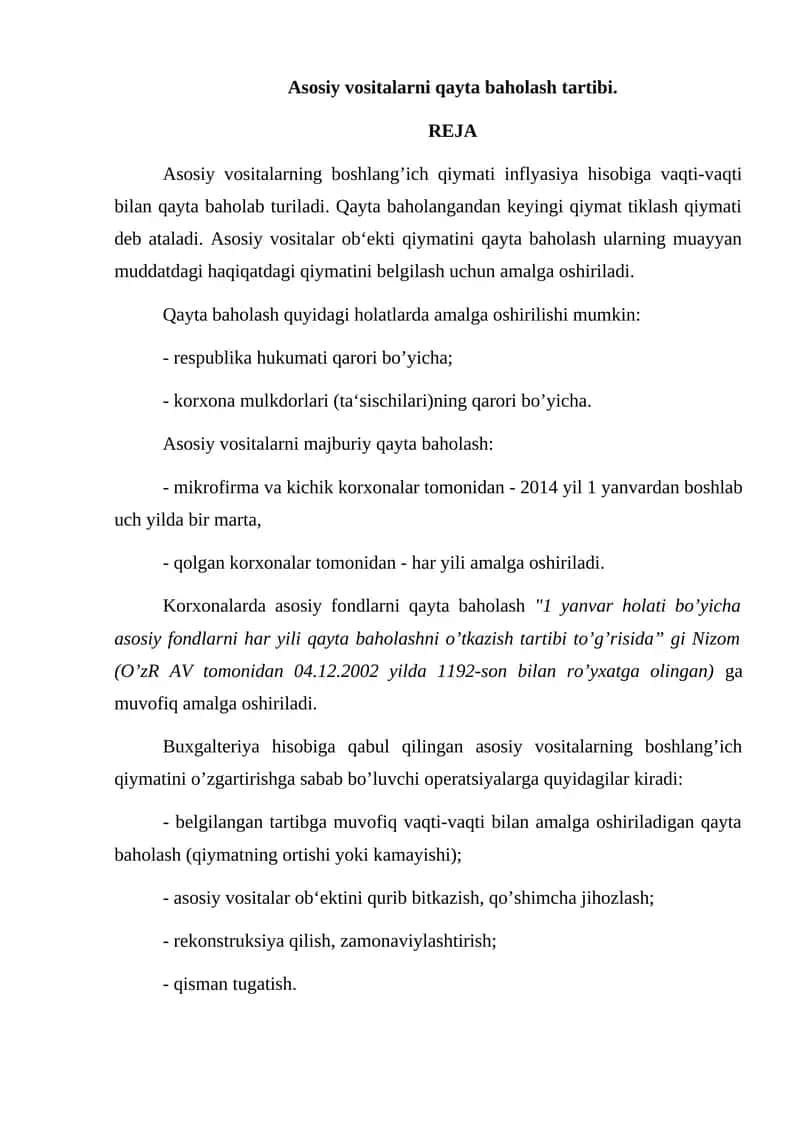 Asosiy vositalarni qayta baholash tartibi