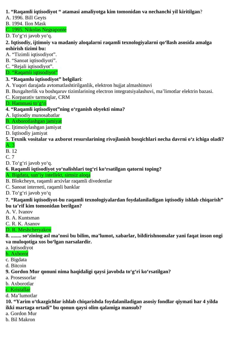 Raqamli iqtisodiyot fanidan test