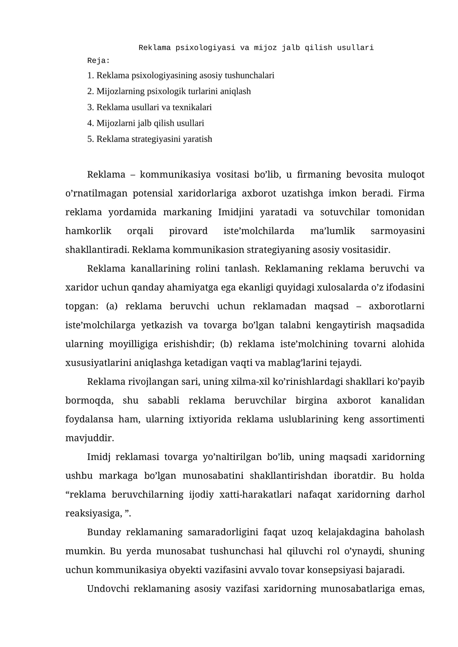 Reklama psixologiyasi va mijoz jalb qilish usullari