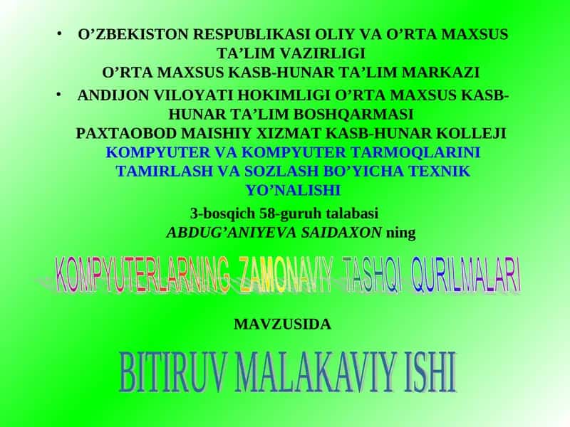 Bitiruv malakaviy ish Kompyuterning zamonaviy tashqi qurilmalari