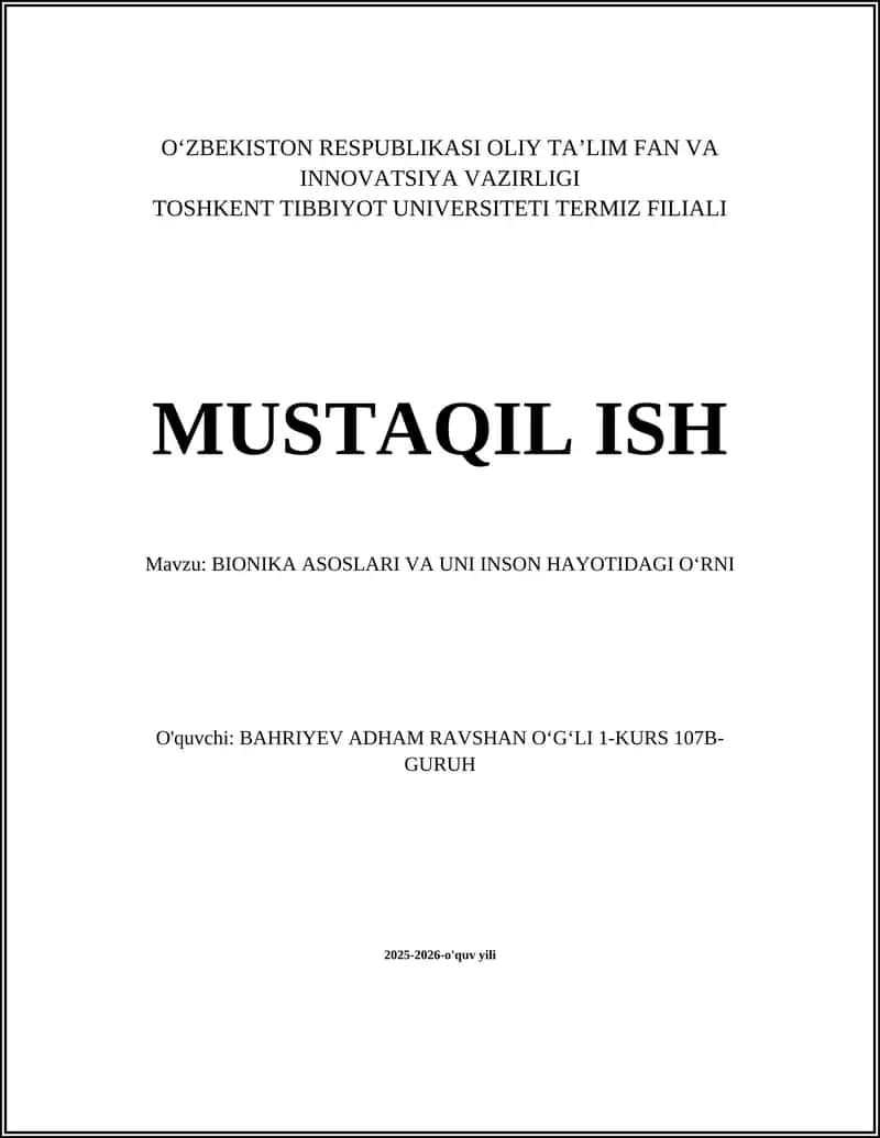 BIONIKA ASOSLARI VA UNI INSON HAYOTIDAGI OʻRNI