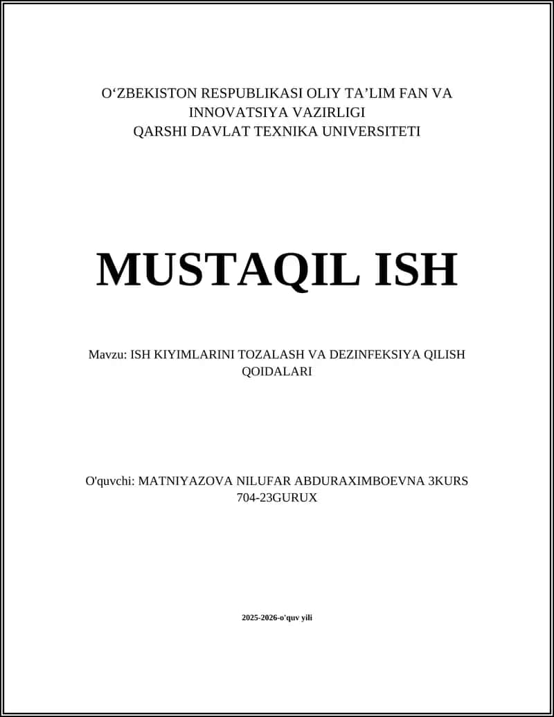ISH KIYIMLARINI TOZALASH VA DEZINFEKSIYA QILISH QOIDALARI