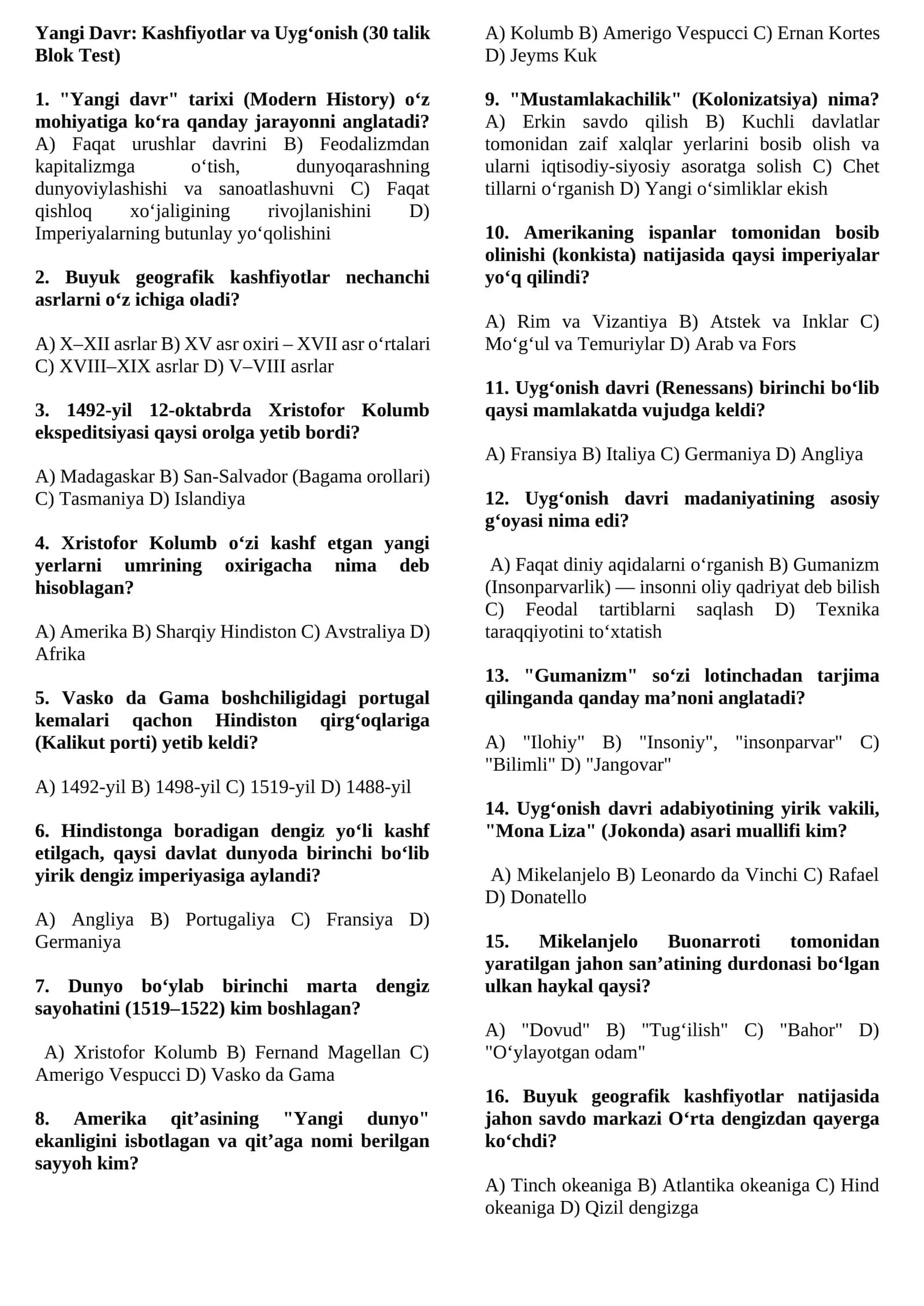 Yangi Davr: Kashfiyotlar va Uyg‘onish (30 talik Blok Test)