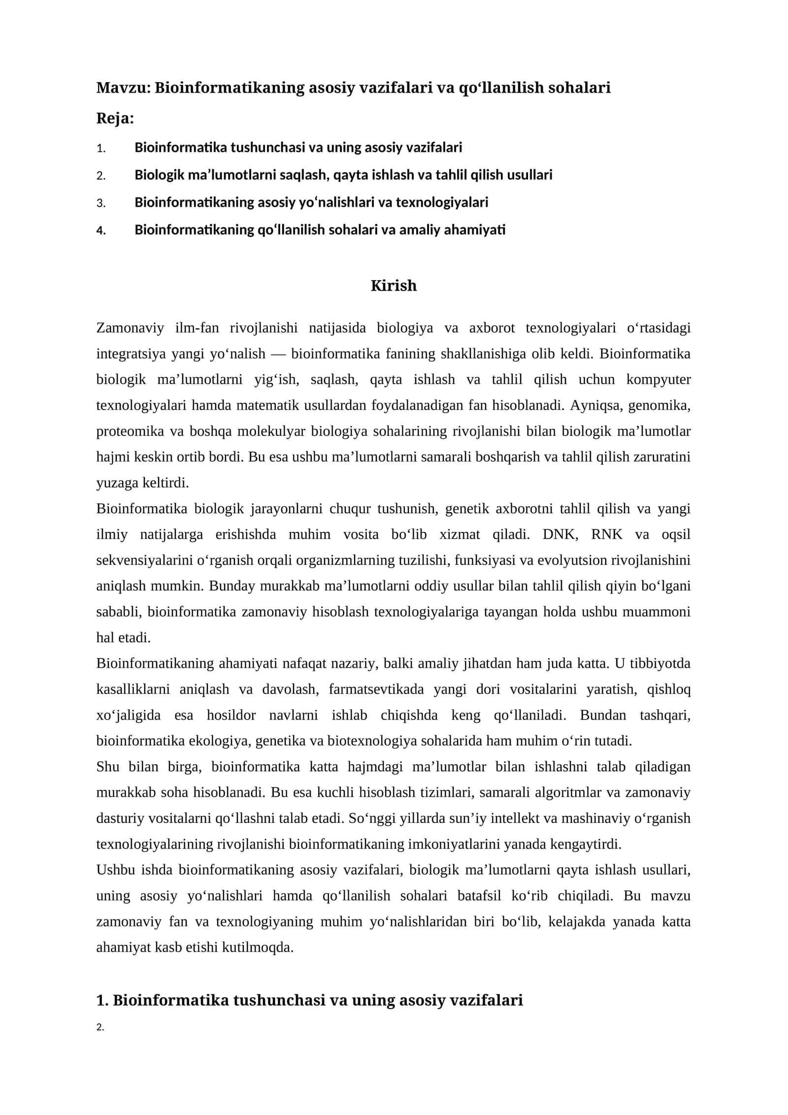 Bioinformatikaning asosiy vazifalari va qo‘llanilish sohalari
